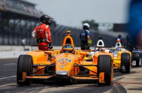 May 26, 2017; Indianapolis, IN, USA; IndyCar Series driver Fernando Alonso during Carb Day for the 101st Running of the Indianapolis 500 at Indianapolis Motor Speedway. Mandatory Credit: Mark J. Rebilas-USA TODAY Sports