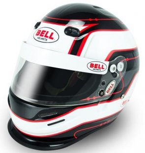 racing helmet that is white with black and red details with Bell logo