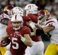 Stanford running back Christian McCaffrey (5) runs against Southern California during the second half of an NCAA college football game Saturday, Sept. 17, 2016, in Stanford, Calif. (AP Photo/Marcio Jose Sanchez)